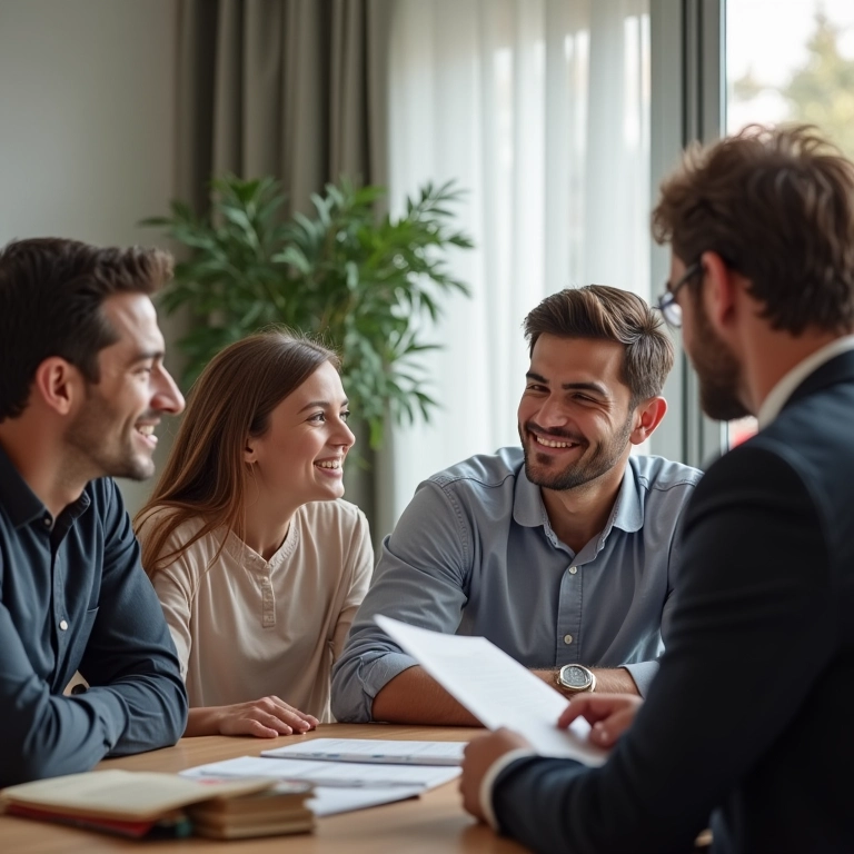 Família discutindo opções de financiamento para casa container com consultor financeiro.