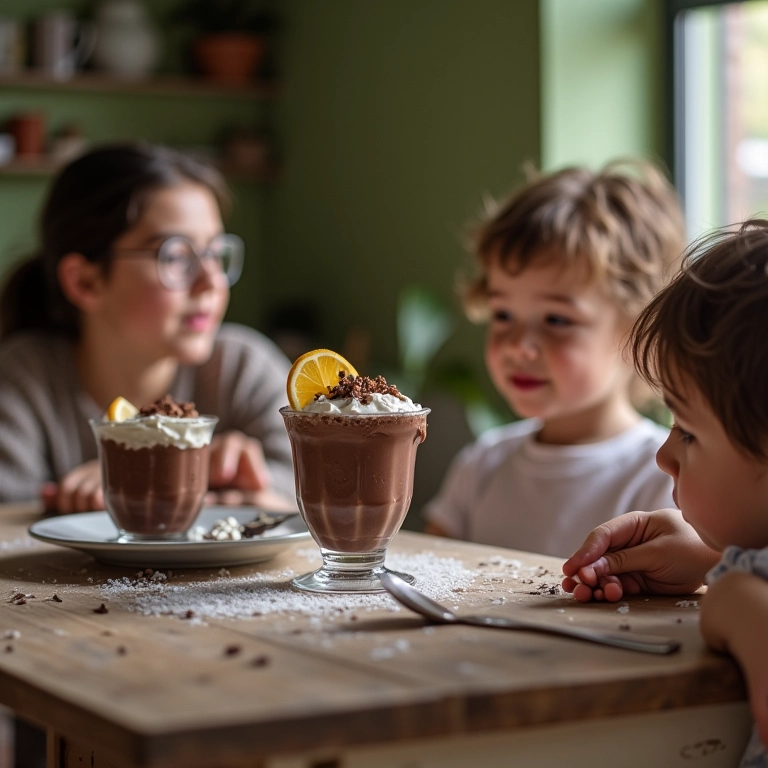 Família saboreando mousse de chocolate após o almoço em mesa rústica.