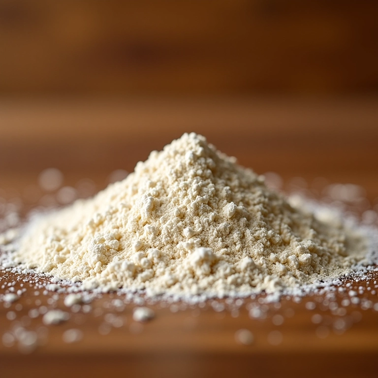 Farinha integral sendo derramada, destacando sua textura e cor natural.
