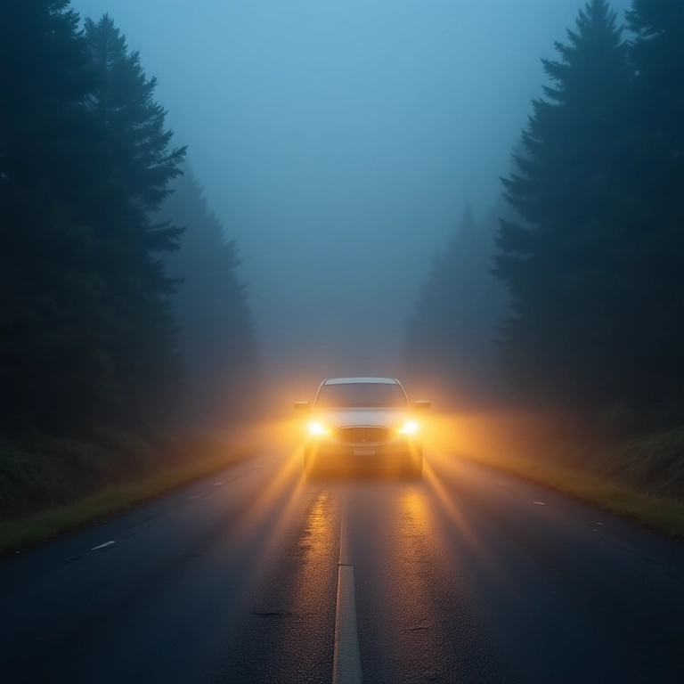 Farol de neblina de um carro iluminando a estrada na neblina.