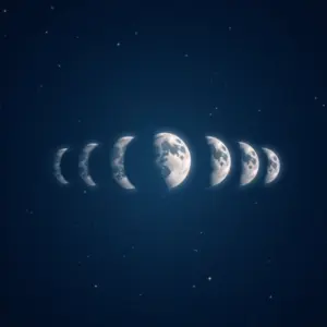 Fases da Lua em sequência: Nova, Crescente, Quarto Crescente, Gibosa, Cheia, Gibosa Minguante, Quarto Minguante e Minguante.