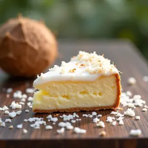 Fatia apetitosa de bolo de coco molhadinho em mesa rústica.