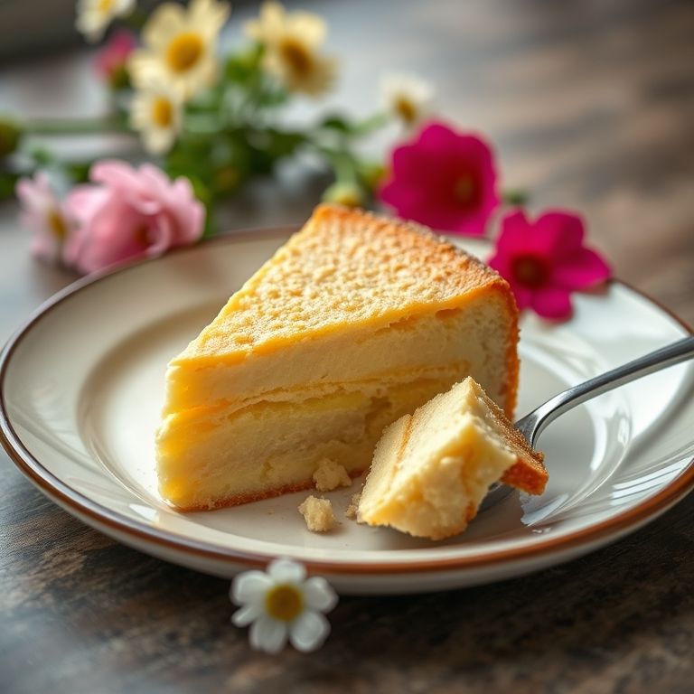 Fatia de bolo de amendoim cremoso em um prato, com decoração floral.