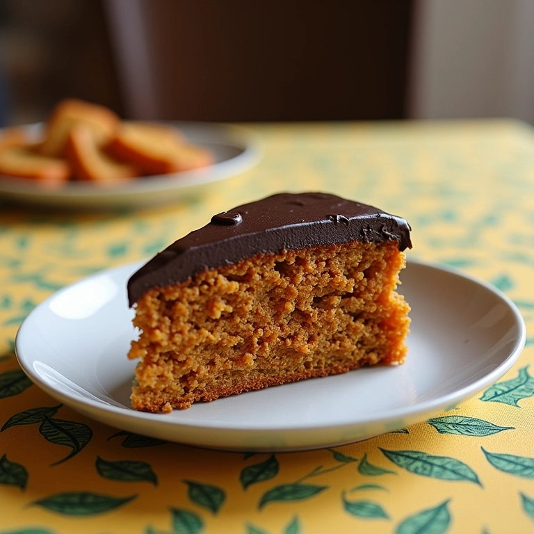 Fatia de bolo de cenoura fit com cobertura de chocolate amargo, sobre um prato em uma toalha com estampa brasileira.