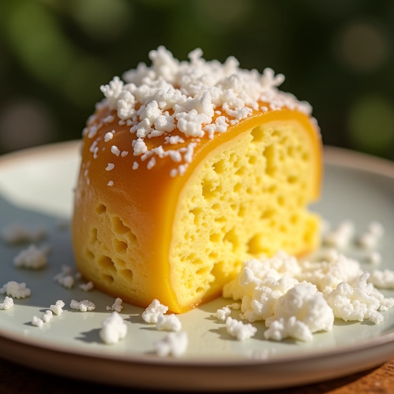 Fatia de bolo de chuchu com coco, decorado com flocos de coco.