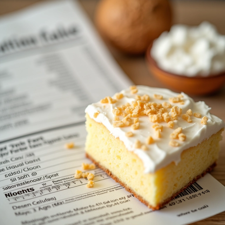 Fatia de bolo de coco com tabela nutricional ao lado.