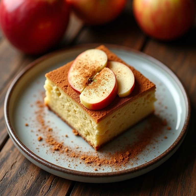 Fatia de bolo de maçã integral com canela em prato rústico.