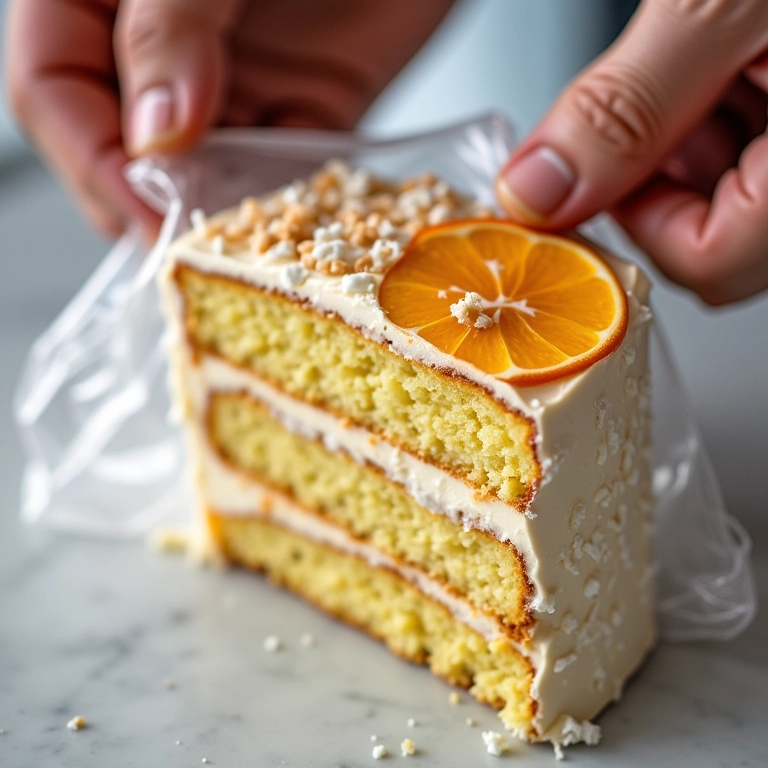 Fatia de bolo de maracujá com coco sendo congelada.