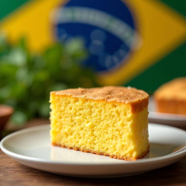 Fatia de bolo de milho cremoso com a bandeira do Brasil ao fundo.