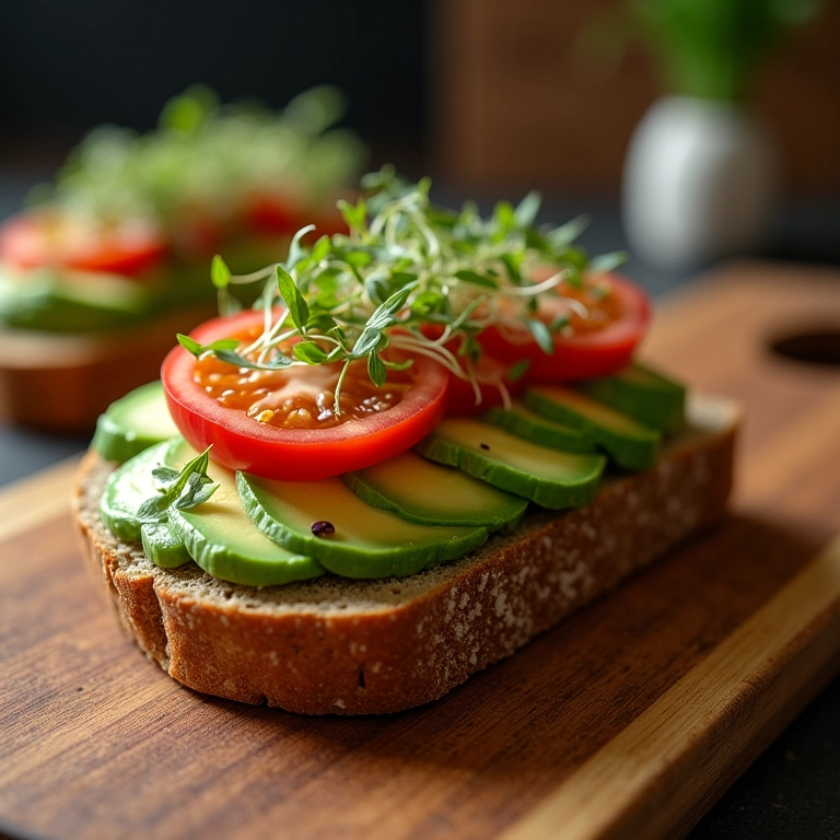 Fatia de pão integral com abacate, tomate e brotos, sobre uma tábua de madeira.