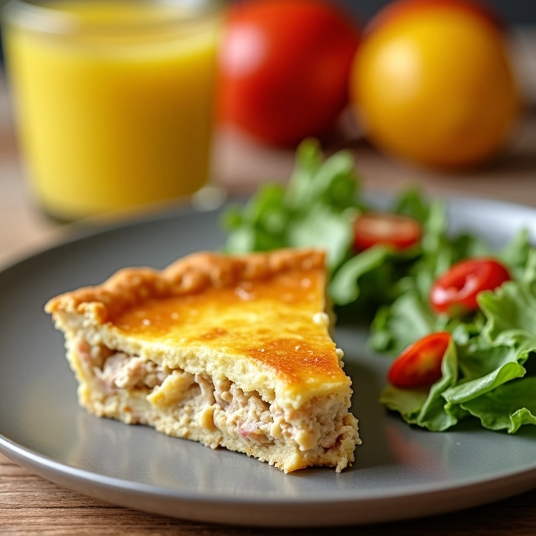 Fatia de torta de atum de liquidificador com crosta dourada.