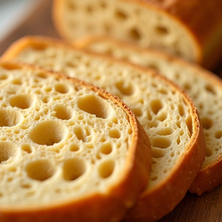 Fatias de pão de fermentação natural com alvéolos, fáceis de digerir.