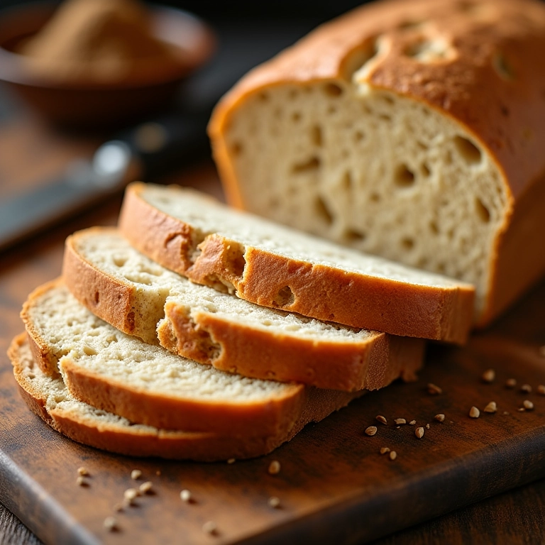 Fatias de pão de liquidificador integral em tábua de madeira rústica.