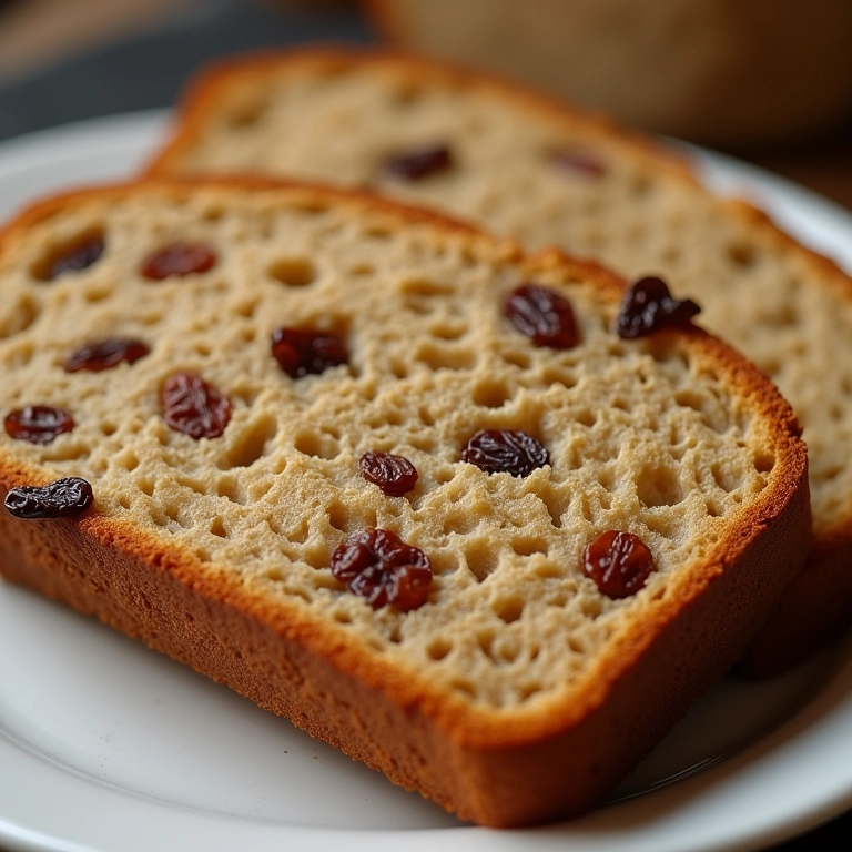 Fatias de pão integral doce com canela e passas, servidas em um prato.