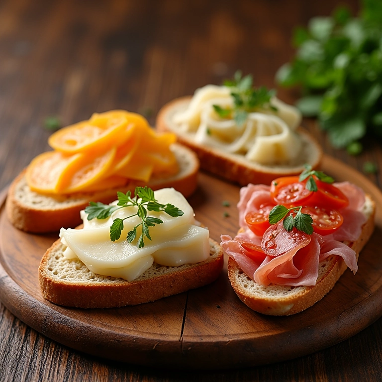 Fatias de pão integral salgado com queijo, presunto e vegetais.