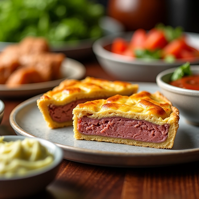 Fatias de torta de atum com acompanhamentos diversos.
