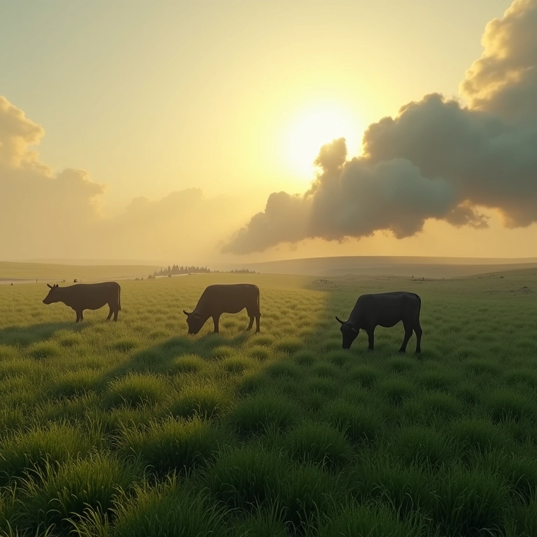 Fazenda de gado com emissões visíveis de metano, representando o impacto ambiental.