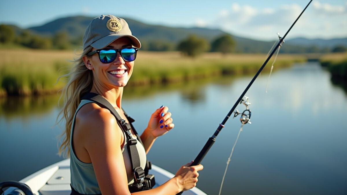 Pescadora sorrindo com licença de pesca e vara de pesca.