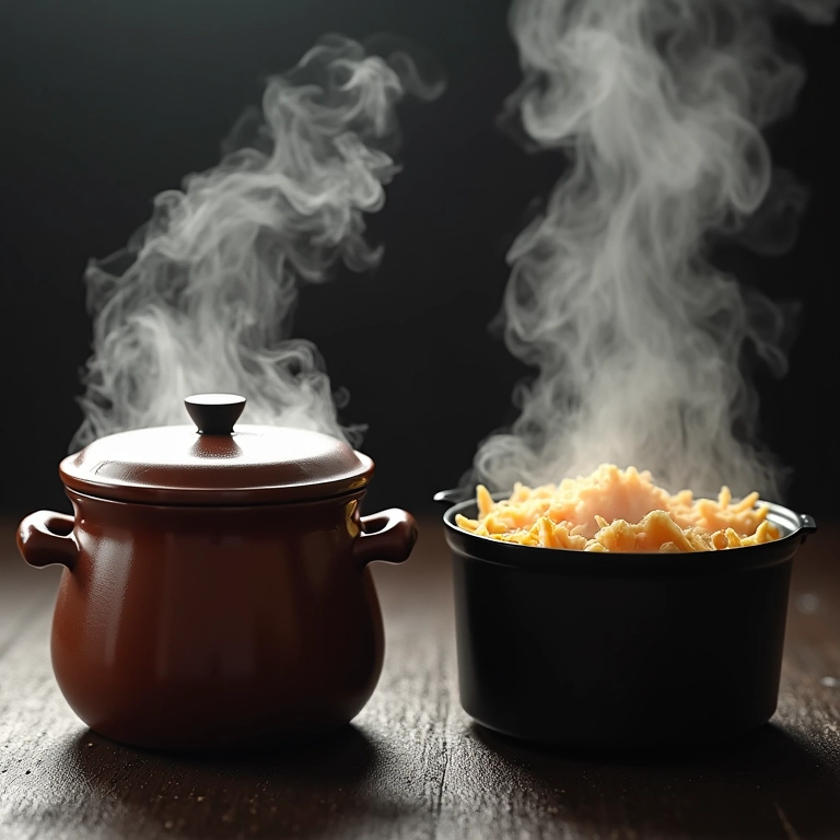 Feijão cozinhando na panela de pressão e na panela comum.