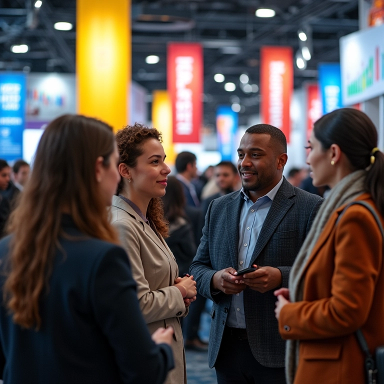 Feira de emprego com candidatos diversos conversando com recrutadores.