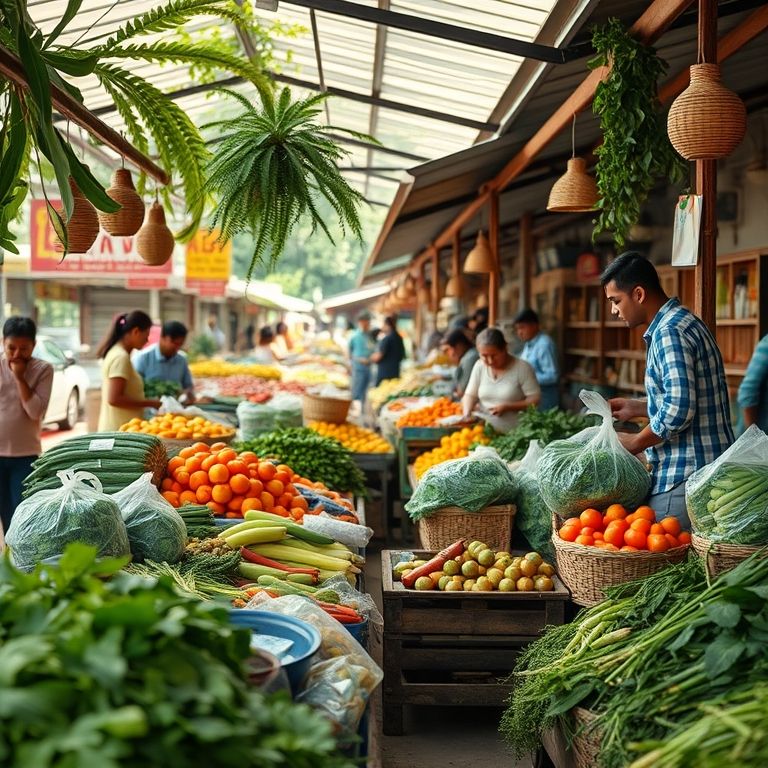 Feira de produtores com alimentos orgânicos e vendedores diversos.