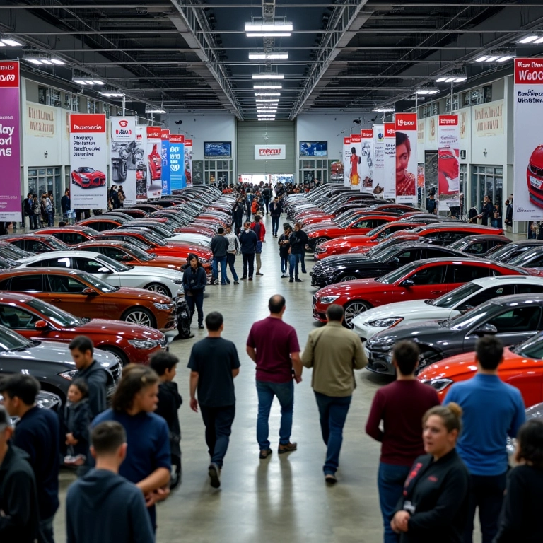 Feirão de carros com diversas pessoas olhando modelos e promoções.