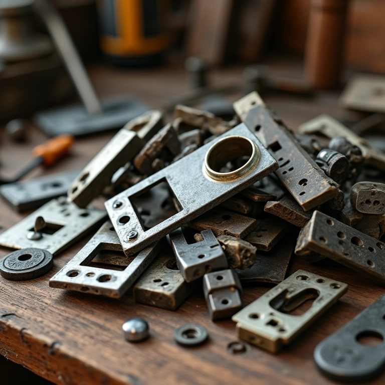 Ferragens novas e antigas para janela de madeira.