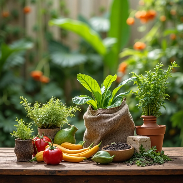 Ferramentas de jardinagem e fertilizantes orgânicos em mesa de madeira.