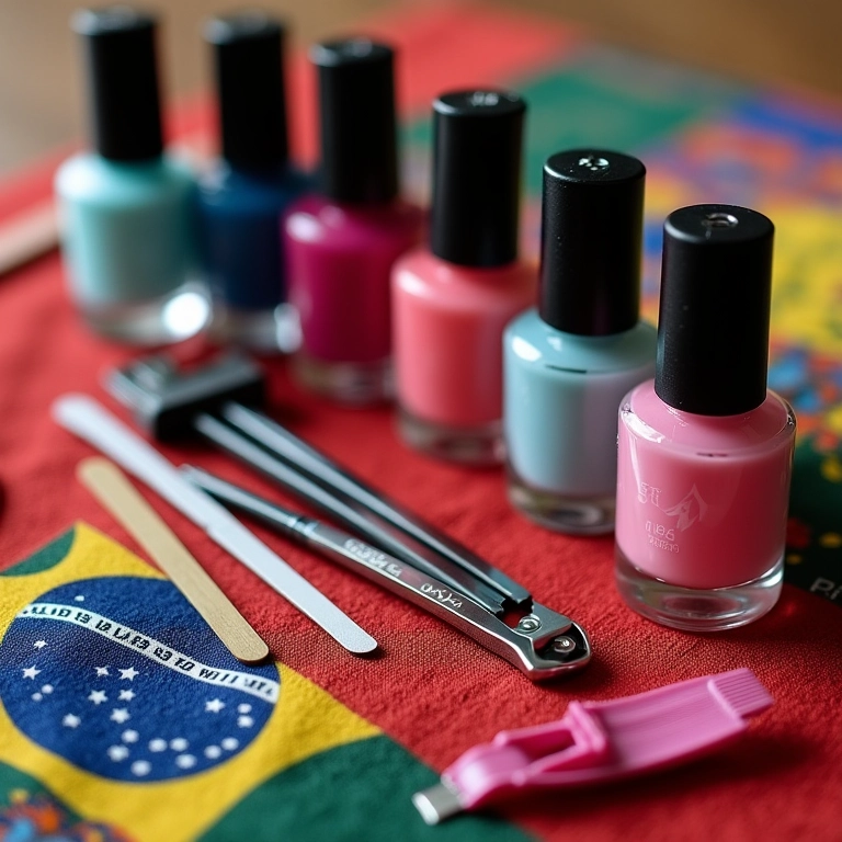 Ferramentas de manicure organizadas sobre tecido colorido.