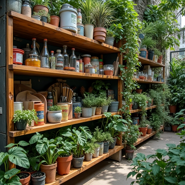 Ferramentas e materiais em loja de jardinagem para montar jardim vertical.