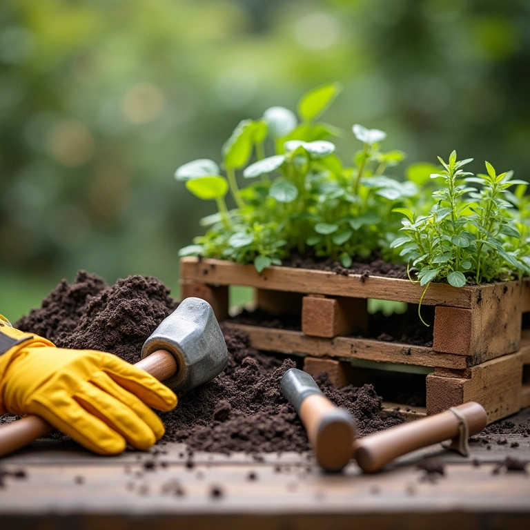 Ferramentas e materiais para construir jardim vertical de pallet.