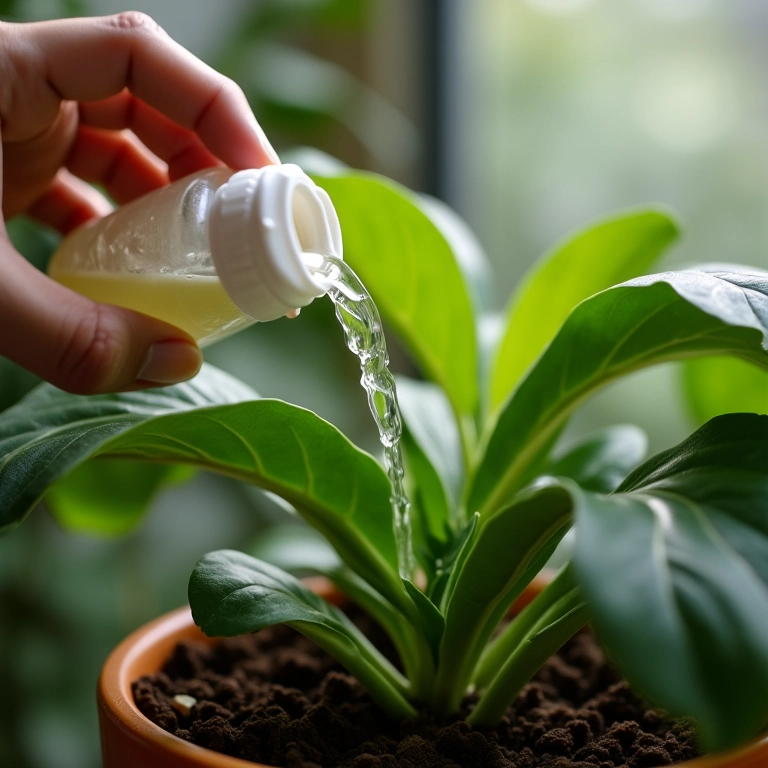 Fertilizante diluído sendo derramado em uma planta resistente à seca.