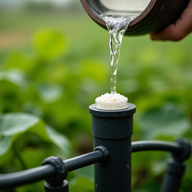 Fertilizante sendo adicionado à água do sistema de irrigação capilar.
