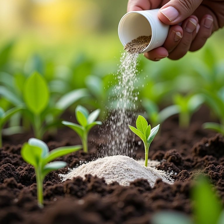 Fertilizante sendo aplicado em solo com gesso, mostrando aumento da absorção de nutrientes.