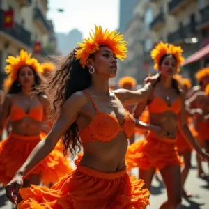 Festa de rua vibrante no Rio de Janeiro com dançarinos de samba.