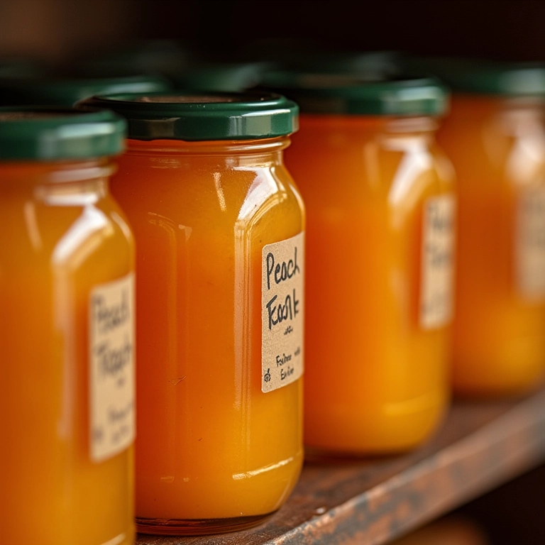 Fileiras de potes de geleia de pêssego selados em despensa.