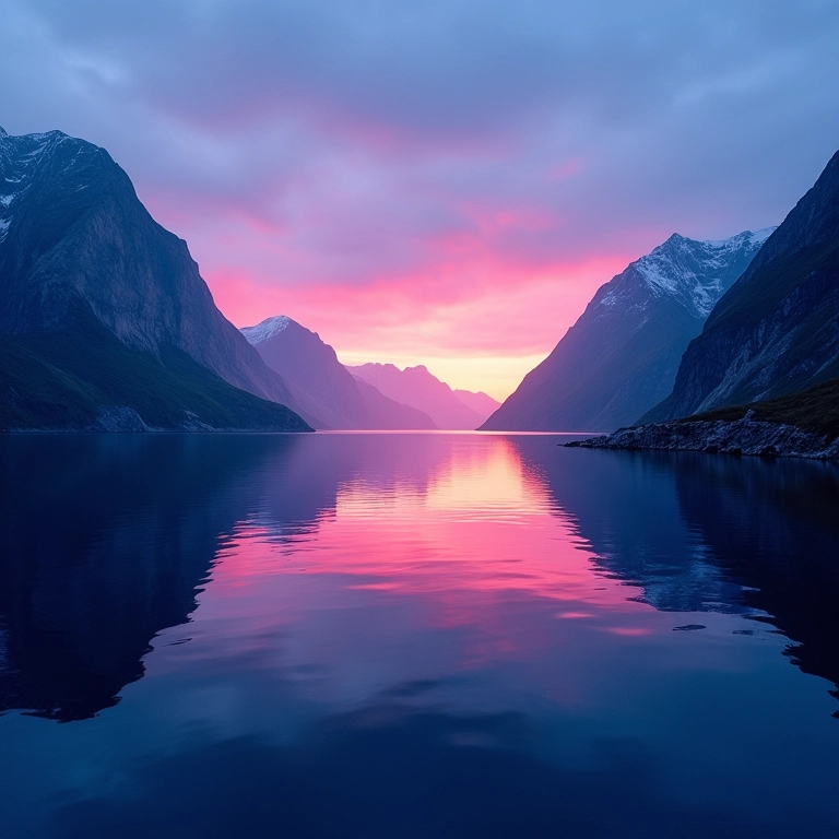 Fiorde norueguês sob o sol da meia-noite