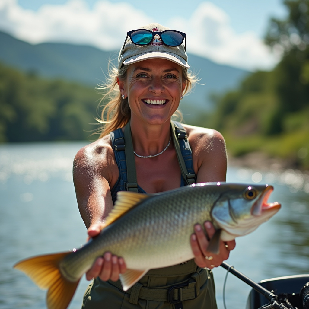 Fisherwoman smiling, holding fishing license, Brazilian landscape, river, sunny day, professional Pescadora sorrindo com carteira de pesca em rio brasileiro.