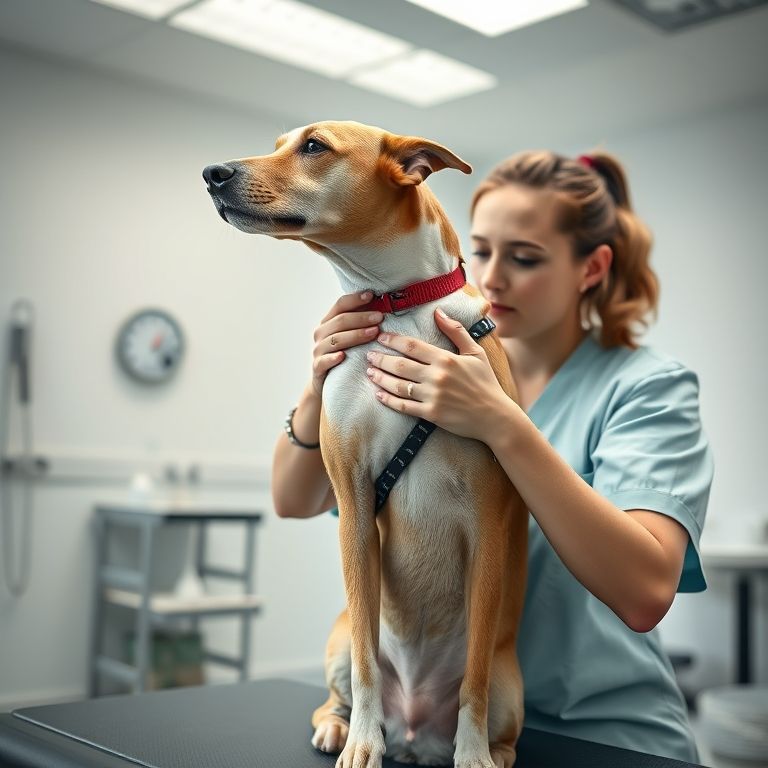 Fisioterapeuta veterinário corrigindo a postura de um cão durante reabilitação.