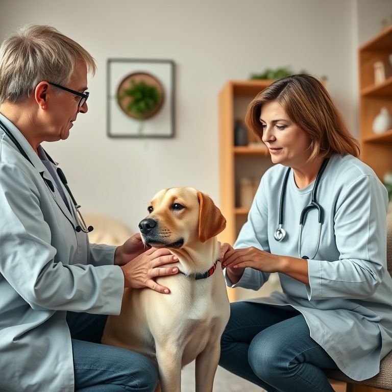 Fisioterapeuta veterinário dando consultoria sobre adaptações ambientais para um cão.