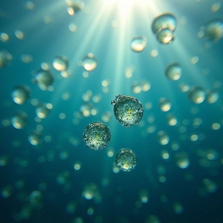Fitoplâncton microscópico na água do mar, com luz solar realçando seu papel na cor.