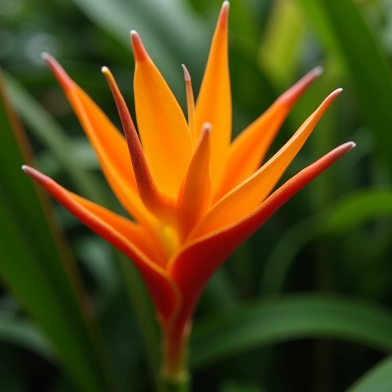 Flor de helicônia vibrante em jardim tropical.