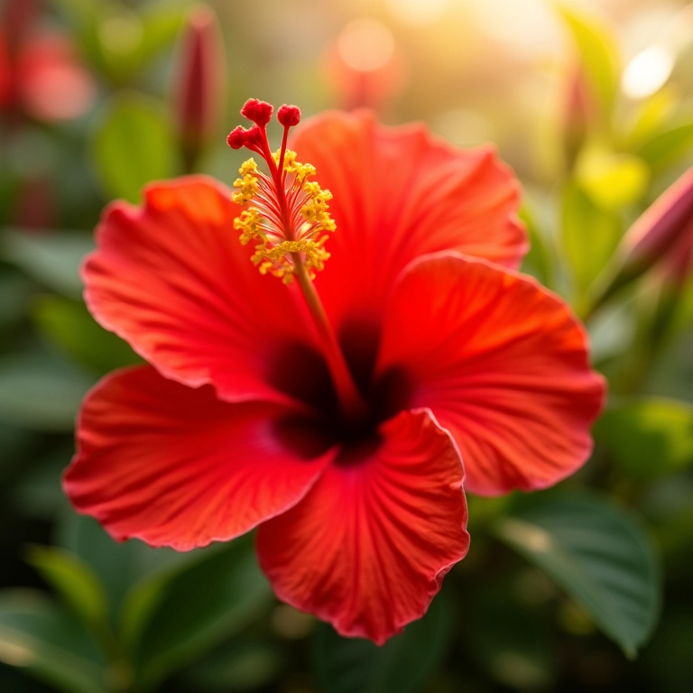 Flor de hibisco vermelha vibrante em um jardim brasileiro.