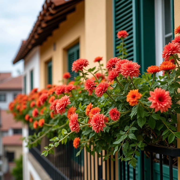Flores artificiais resistentes às intempéries em uma varanda brasileira.