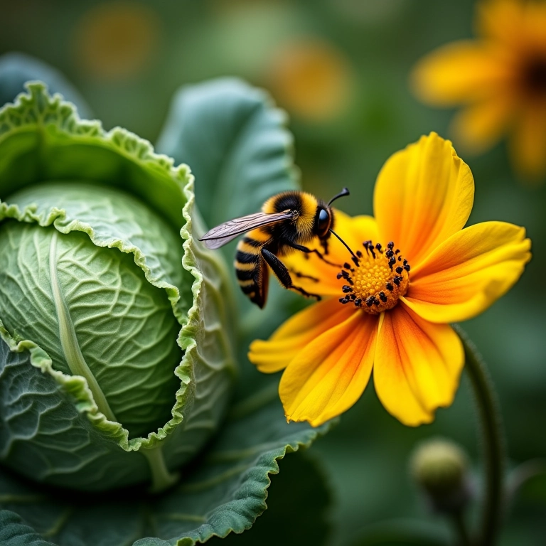 Flores coloridas atraindo polinizadores para repolhos.