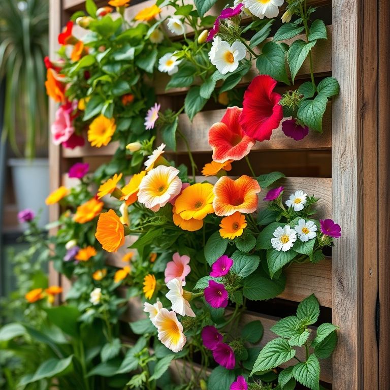 Flores comestíveis em horta vertical de pallets.