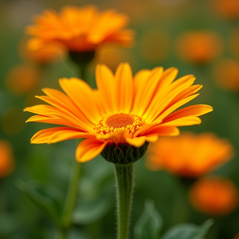 Flores de Calêndula em plena floração, jardim de ervas medicinais.