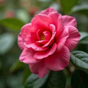 Flores de camélia vibrantes em jardim brasileiro no inverno.