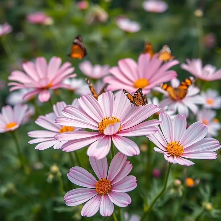 Flores de cosmos delicadas com borboletas.