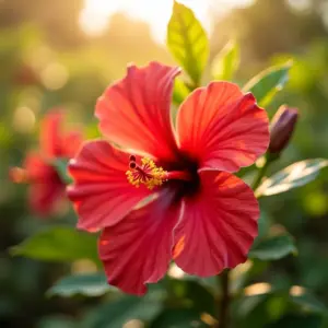 Flores de hibisco vibrantes em um jardim brasileiro exuberante.